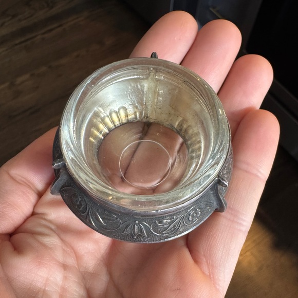 Vintage Russian Ommet Silver Ornate Soviet Salt Cellar Glass Holder 1960's - Picture 4 of 7